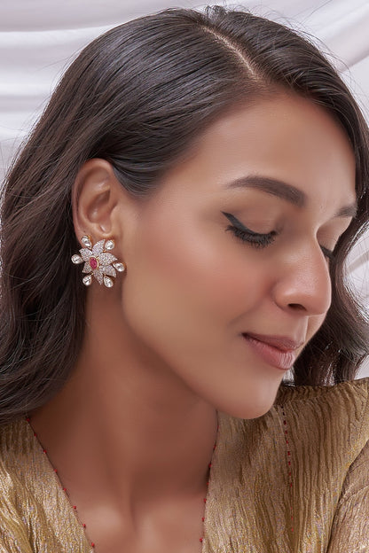 Two Tone Finish Kundan Polki & Cubic Zirconia Stud Earrings In Sterling Silver