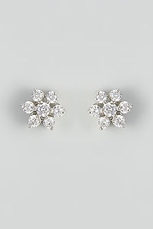 White Rhodium Finish Zircon Stud Earrings In Sterling Silver