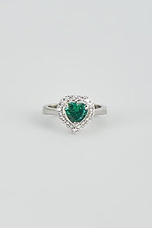 White Rhodium Finish Zircon & Green Stone Ring In Sterling Silver