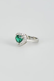 White Rhodium Finish Zircon & Green Stone Ring In Sterling Silver
