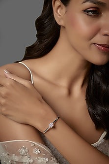 White Rhodium Finish Zircon Cuff Bracelet In Sterling Silver