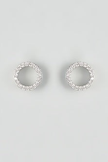 White Rhodium Finish Zircon Stud Earrings In Sterling Silver