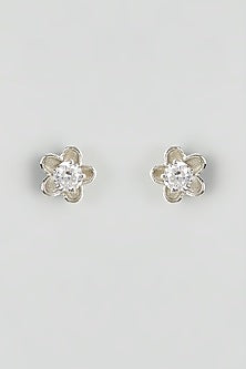 White Rhodium Finish Zircon Stud Earrings In Sterling Silver