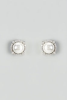 White Rhodium Finish Zircon & Pearl Stud Earrings In Sterling Silver