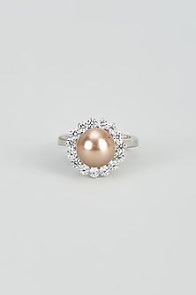 White Rhodium Finish Zircon & Pearl Ring In Sterling Silver