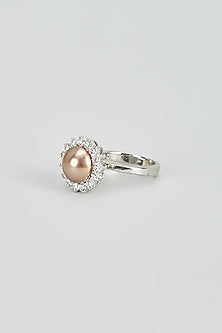 White Rhodium Finish Zircon & Pearl Ring In Sterling Silver