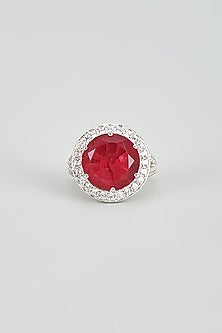 White Rhodium Finish Zircon & Red Stone Ring In Sterling Silver