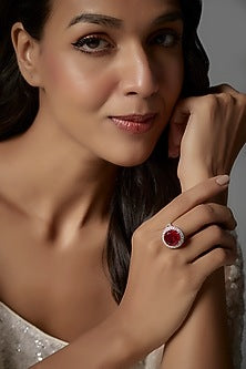 White Rhodium Finish Zircon & Red Stone Ring In Sterling Silver