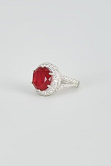 White Rhodium Finish Zircon & Red Stone Ring In Sterling Silver