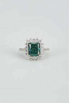 White Rhodium Finish Zircon & Green Stone Ring In Sterling Silver