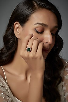 White Rhodium Finish Zircon & Green Stone Ring In Sterling Silver