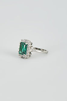 White Rhodium Finish Zircon & Green Stone Ring In Sterling Silver