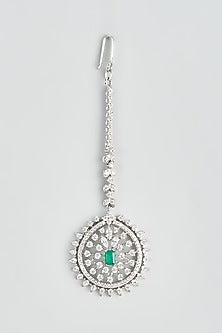 White Rhodium Finish Zircon & Green Stone Maang Tikka In Sterling Silver