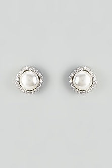 Rose Gold Finish Zircon & Pearl Stud Earrings In Sterling Silver