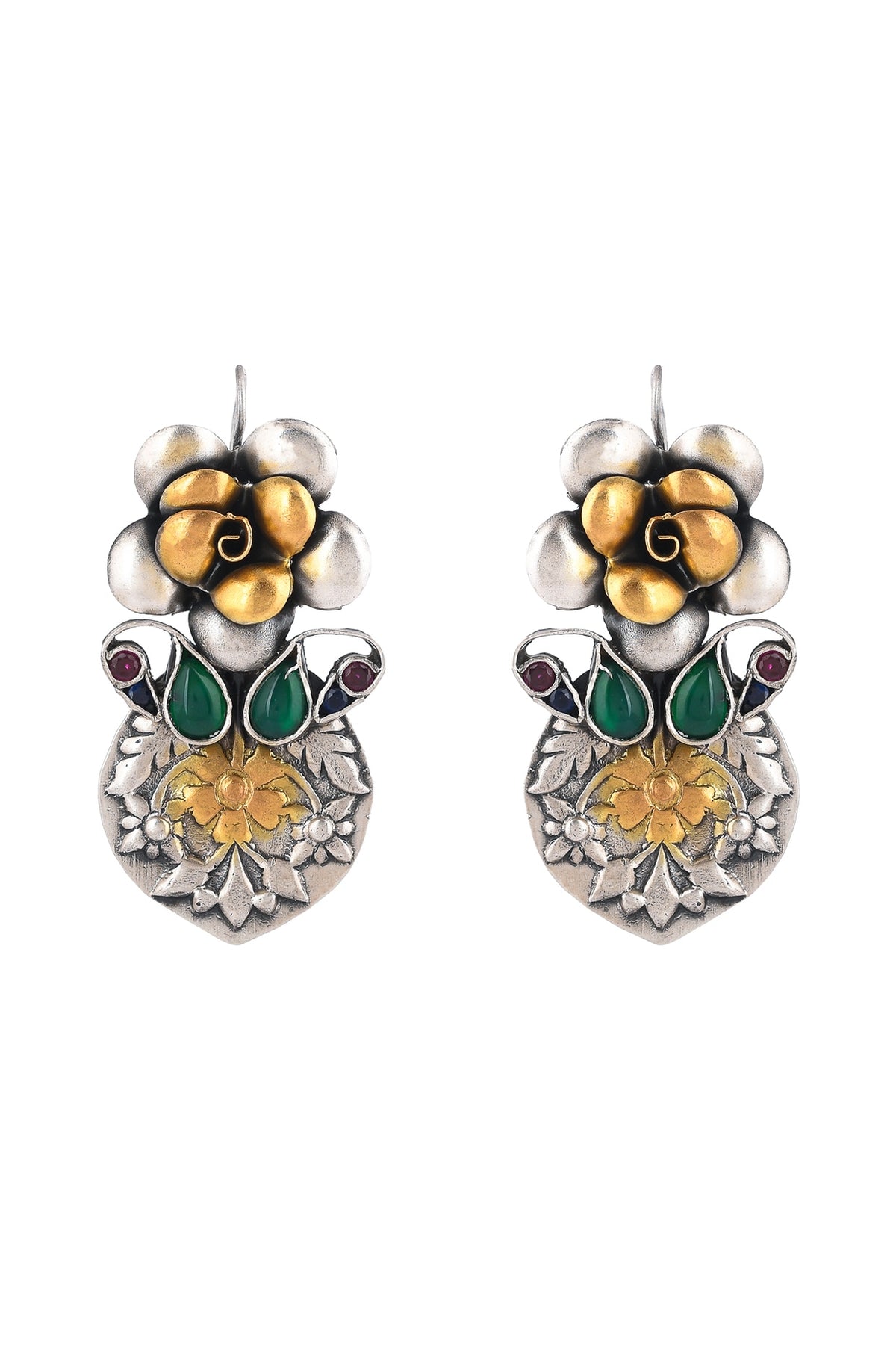 Two-Tone Finish Ruby & Green Semi-Precious Stone Dangler Earrings In Sterling Silver