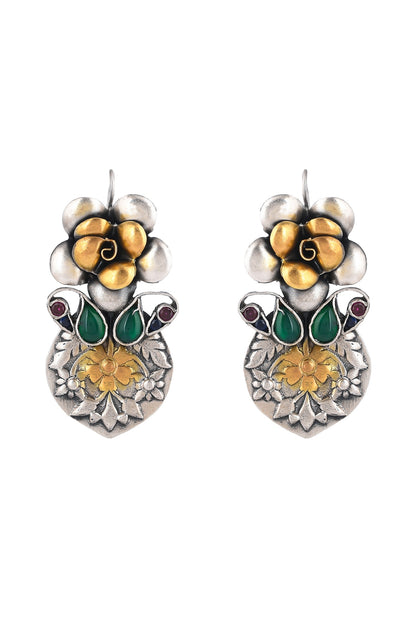 Two-Tone Finish Ruby & Green Semi-Precious Stone Dangler Earrings In Sterling Silver