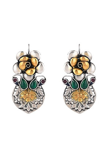 Two-Tone Finish Ruby & Green Semi-Precious Stone Dangler Earrings In Sterling Silver