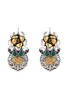 Two-Tone Finish Ruby & Green Semi-Precious Stone Dangler Earrings In Sterling Silver