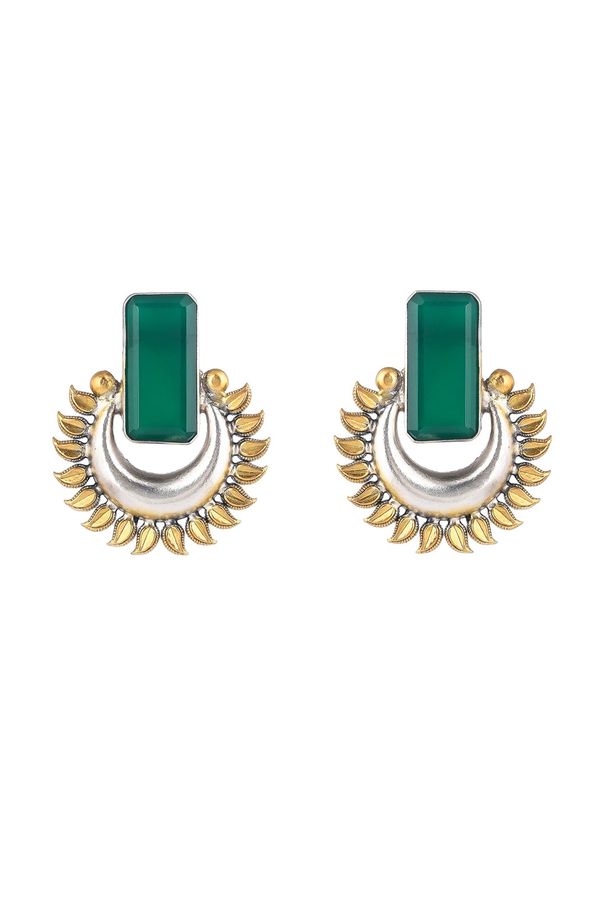 Gold Plated Green Stone Floral Stud Earrings In Sterling Silver