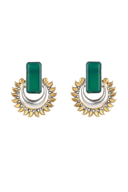 Gold Plated Green Stone Floral Stud Earrings In Sterling Silver