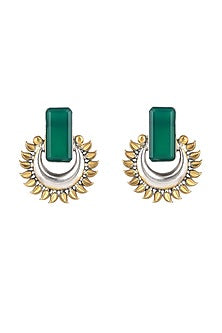 Gold Plated Green Stone Floral Stud Earrings In Sterling Silver