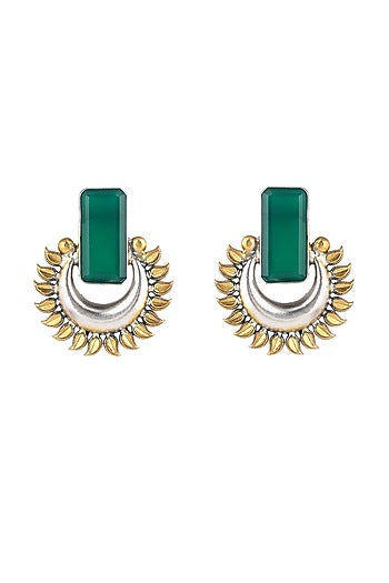 Gold Plated Green Stone Floral Stud Earrings In Sterling Silver