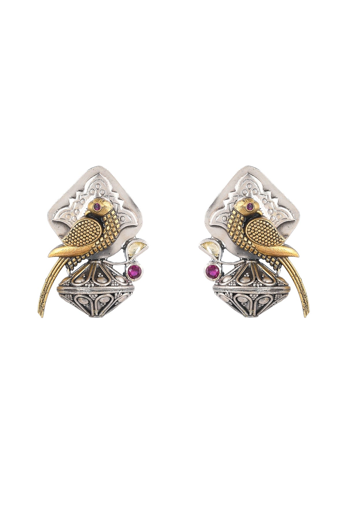 Gold Plated Purple Stone Bird Stud Earrings In Sterling Silver