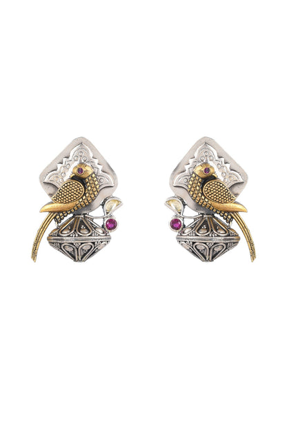 Gold Plated Purple Stone Bird Stud Earrings In Sterling Silver