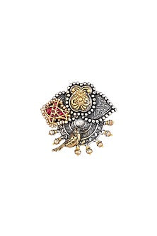 Two-Tone Finish Red Semi-Precious Stone & Pearl Adjustable Ring In Sterling Silver