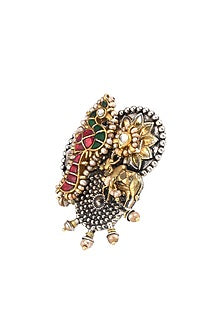 Gold Plated Glass Stone & Red Semi-Precious Stone Adjustable Ring In Sterling Silver