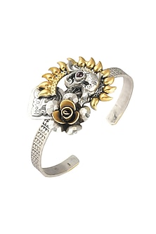 Two-Tone Finish Floral Motifs & Purple Semi-Precious Stone Adjustable Handcuff In Sterling Silver