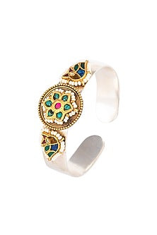 Gold Plated Floral Charm & Green Stone Handcrafted Adjustable Handcuff In Sterling Silver
