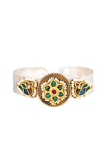 Gold Plated Floral Charm & Green Stone Handcrafted Adjustable Handcuff In Sterling Silver