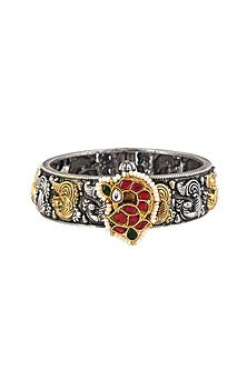 Two-Tone Finish Red Semi-Precious Stone Jadau Adjustable Handcuff In Sterling Silver