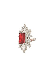 Silver Rhodium Finish Red Zircon Ring In Sterling Silver