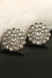White Finish Kundan Polki & Jadau Stud Earrings In Sterling Silver