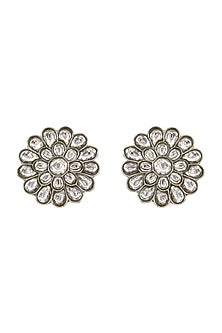 White Finish Kundan Polki & Jadau Stud Earrings In Sterling Silver