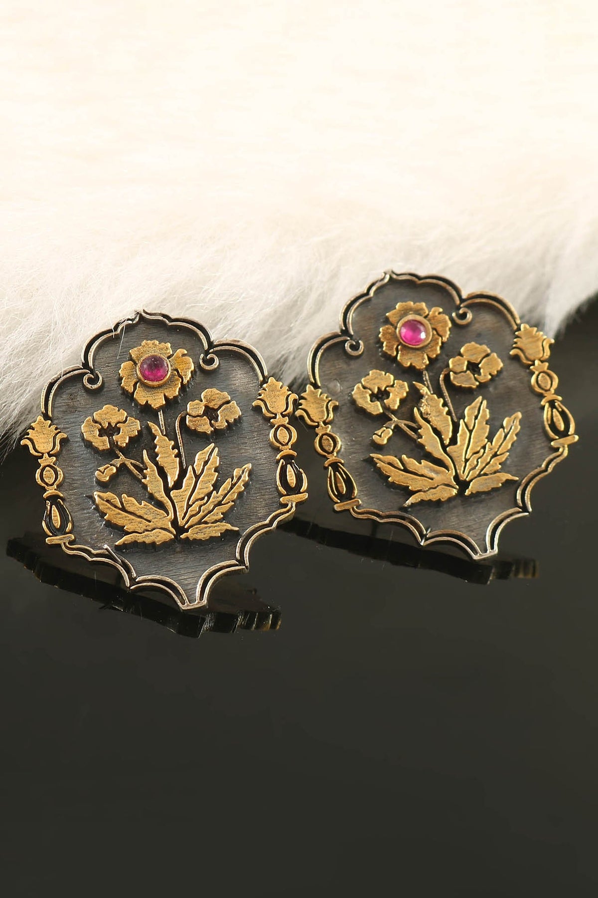 Two-Tone Finish Floral Handcrafted Stud Earrings In Sterling Silver