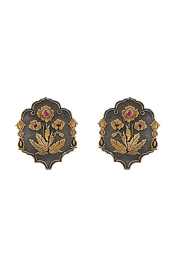Two-Tone Finish Floral Handcrafted Stud Earrings In Sterling Silver