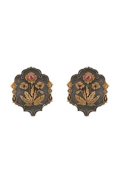 Two-Tone Finish Floral Handcrafted Stud Earrings In Sterling Silver