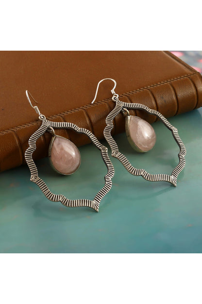Silver Finish Pink Gemstone Floral Dangler Earrings In Sterling Silver
