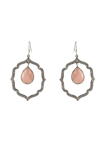 Silver Finish Pink Gemstone Floral Dangler Earrings In Sterling Silver