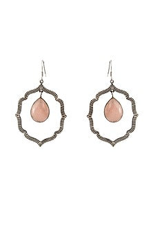 Silver Finish Pink Gemstone Floral Dangler Earrings In Sterling Silver