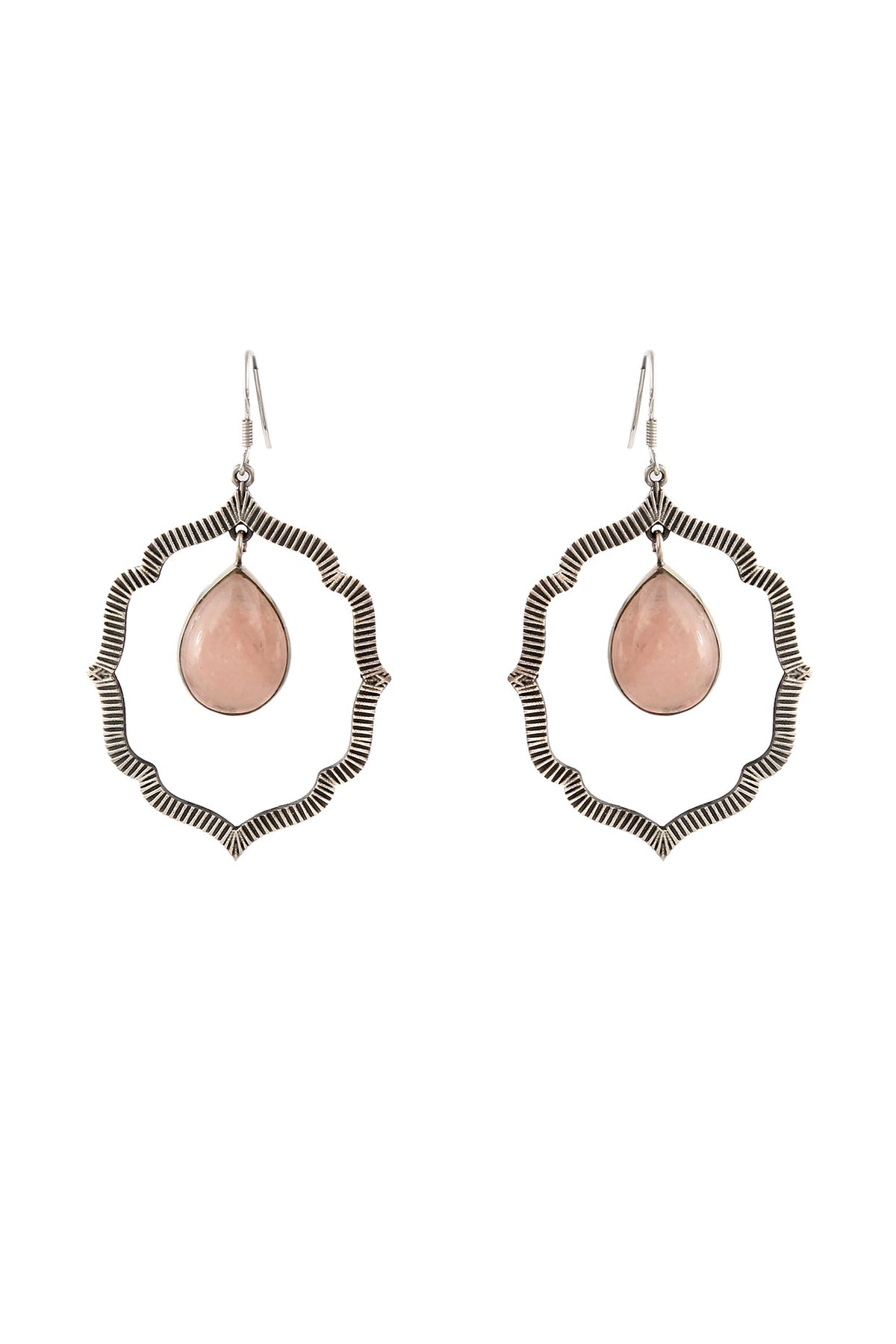 Silver Finish Pink Gemstone Floral Dangler Earrings In Sterling Silver