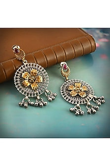 Two-Tone Finish Floral Dangler Earrings In Sterling Silver