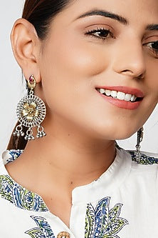 Two-Tone Finish Floral Dangler Earrings In Sterling Silver