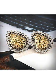 Two-Tone Finish Checkered Gemstone Stud Earrings In Sterling Silver