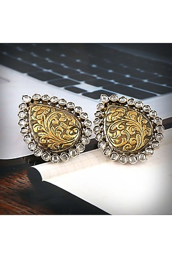 Two-Tone Finish Checkered Gemstone Stud Earrings In Sterling Silver