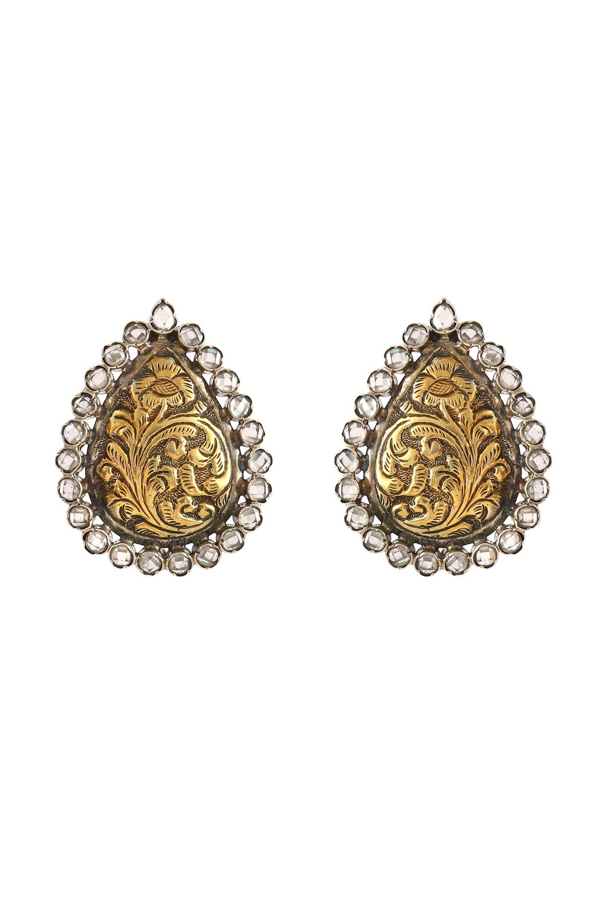 Two-Tone Finish Checkered Gemstone Stud Earrings In Sterling Silver
