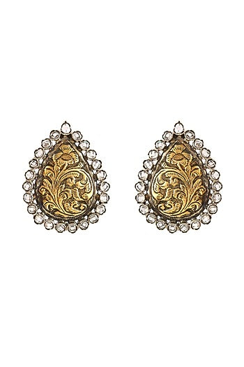 Two-Tone Finish Checkered Gemstone Stud Earrings In Sterling Silver